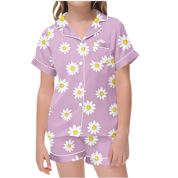 Odeerbi 2-12 Años Niños Niñas Pijama de Verano de Satén Con Solapa de Muesca Camisas de Manga Corta Conjunto de Shorts Suave Estampado de Margaritas Ropa de Dormir