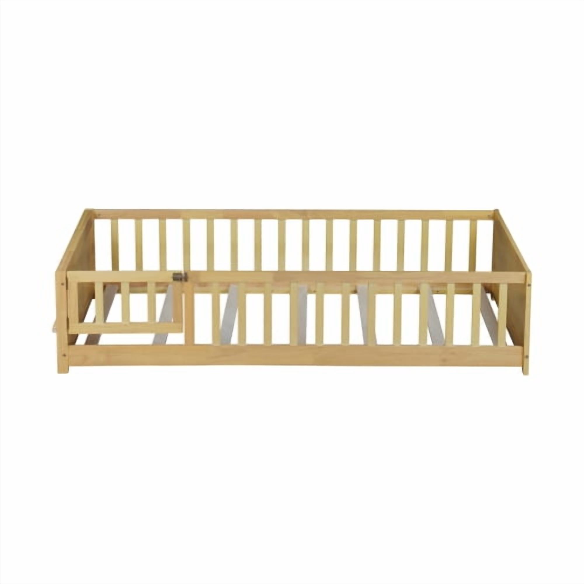 Bellemave Twin Size Floor Bed with Fence and Door, Montessori Floor Twin Bed with Built-in Book Rack, Solid Wood Twin Bed with Slats and Safety Guardrails, Natural