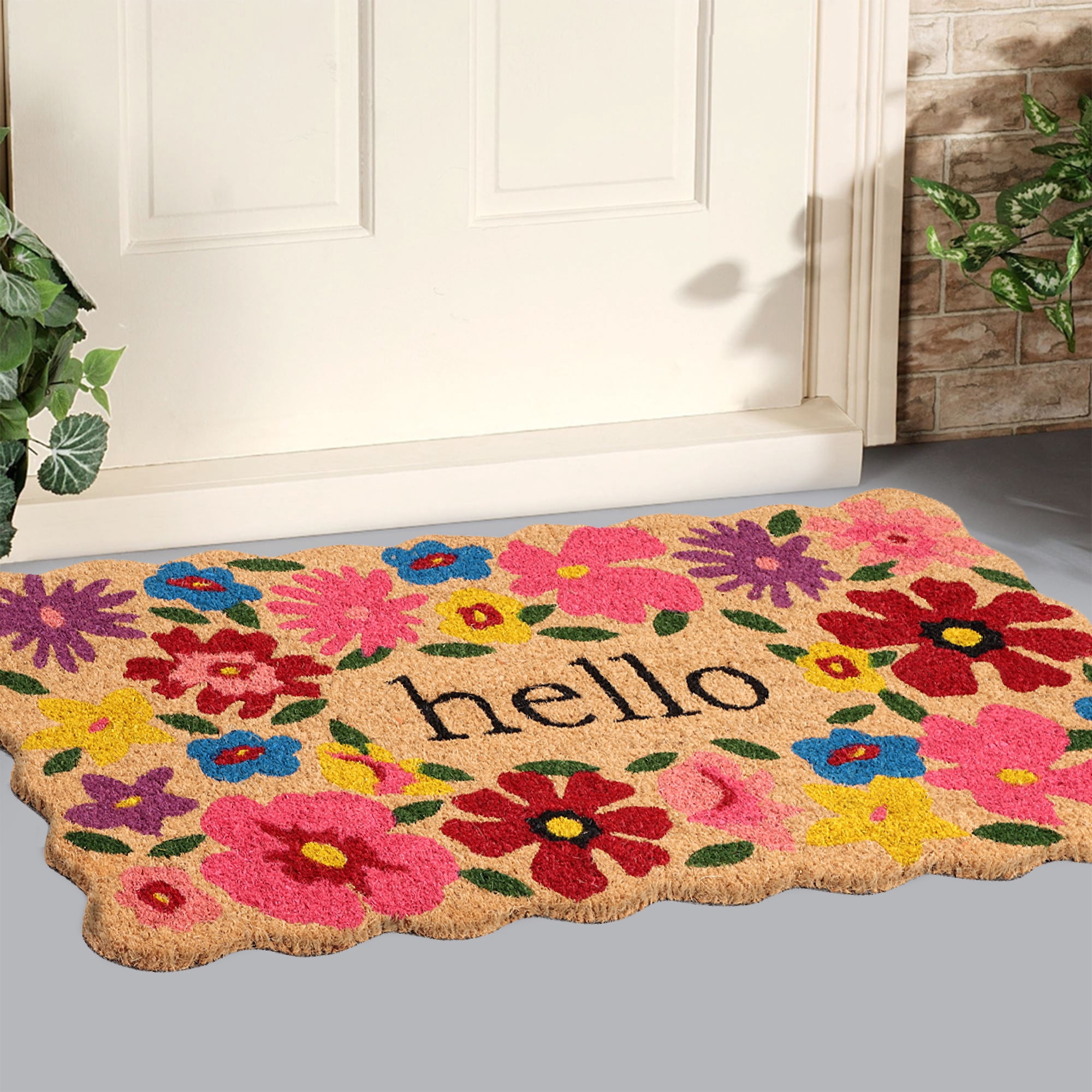 A1HC Natural Coco Coir Doormat, Spring Floral Scalloped Hello, 18"x30", Durable Outdoor Welcome Mat, Non-Slip, Easy to Clean, Pet Friendly