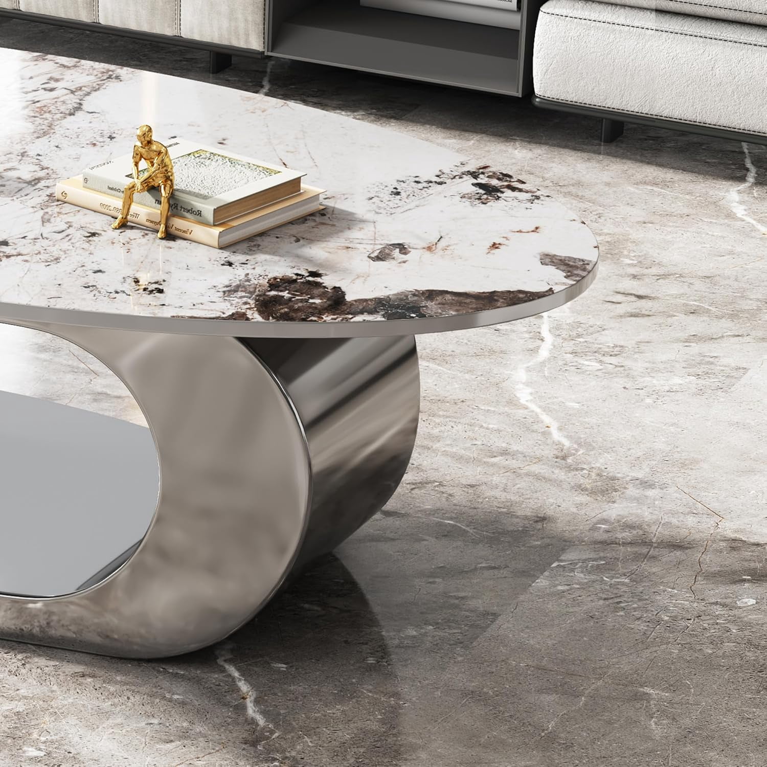 49.2" Modern Oval Marble Coffee Table – Gray Stainless Steel Base, Scratch-Resistant, Easy Assembly