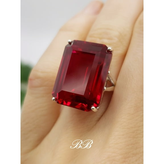 Big 20x15mm Lab Red Ruby, Emerald Step Cut, Statement Solitaire Ring, Made to Order, Sterling Silver or Gold