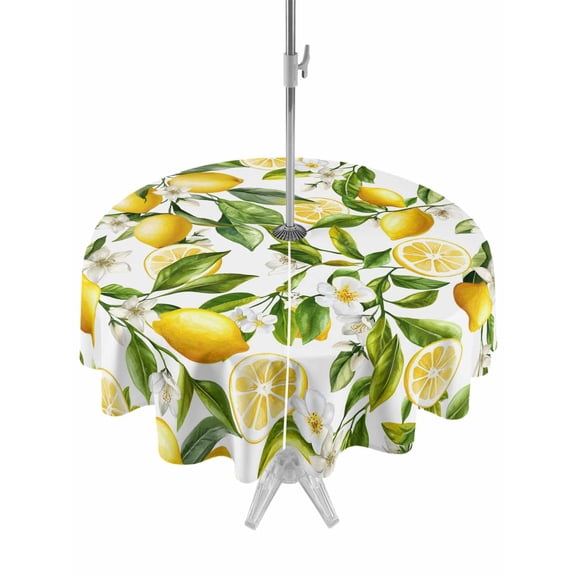Outdoor Table Cloth with Umbrella Hole and Zipper, Lemon Yellow Waterproof Round Tablecloth 60 Inch, Country Watercolor Floral Leaf Green White Washable Table Cover for Outside Party Patio Picnic