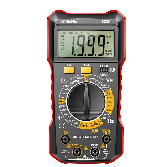 ANENG ANENG SZ304 Handheld Digital Multimeter - High Precision Voltage/Current/Resistance/Capacitance/Frequency/Diode Tester with Test Leads, Red (Battery Not Included)