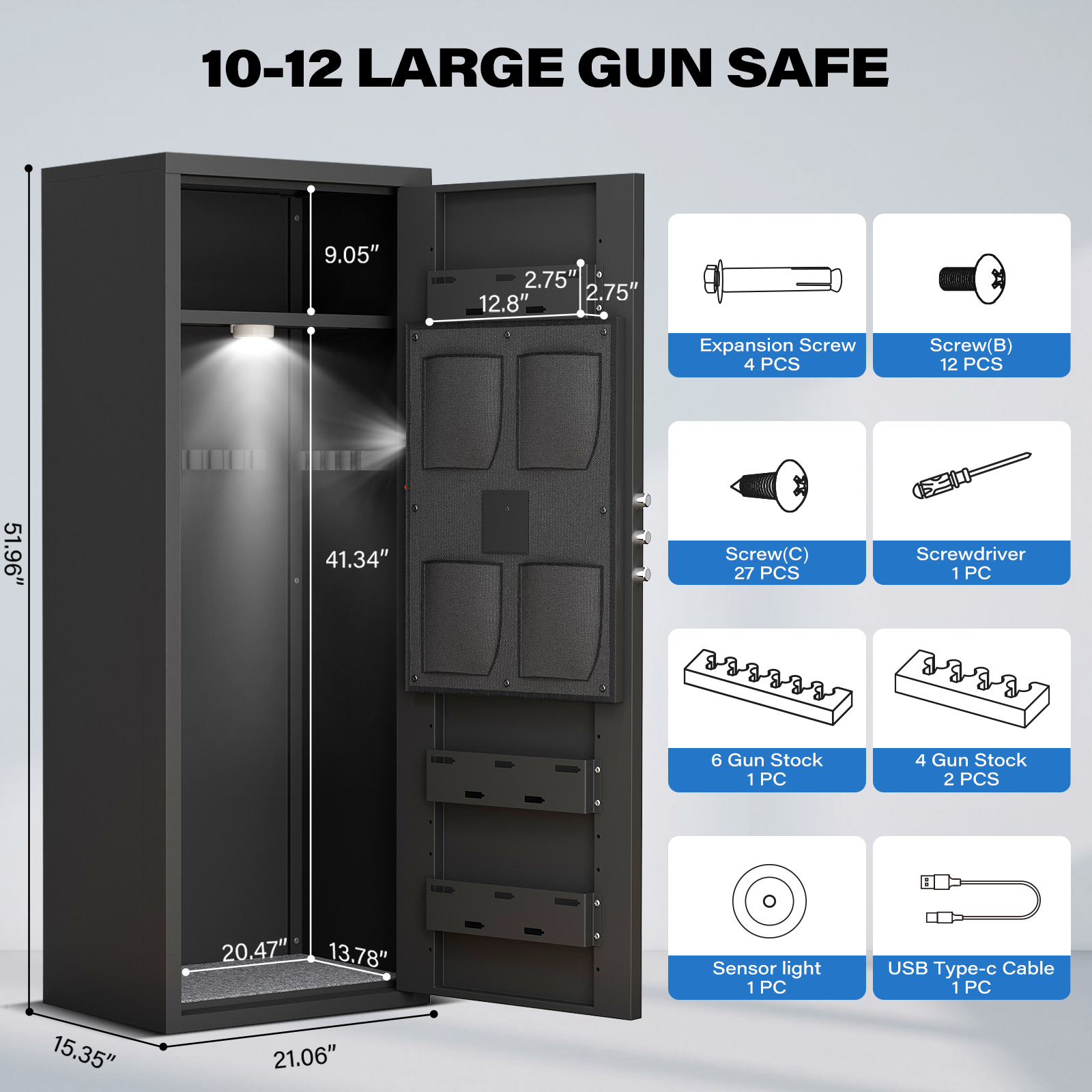 10-12 Unassembled Large Gun Safe for Pistols, Gun Safe with Removable Shelf and 3 Magnetic Gun Slots, Gun Cabinet with Magnetic Induction Light and Storage Bag