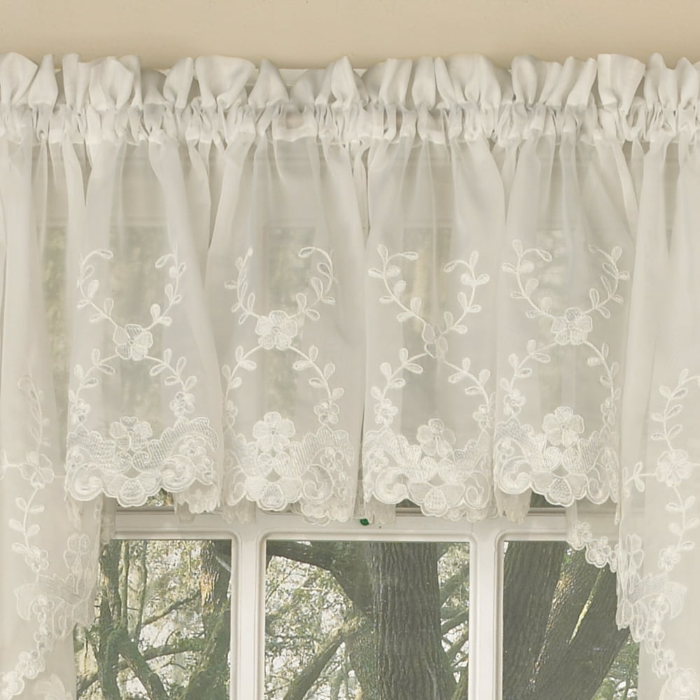 Laurel Leaf Sheer Voile Embroidered Kitchen Curtains 24", 36" Tier Pair