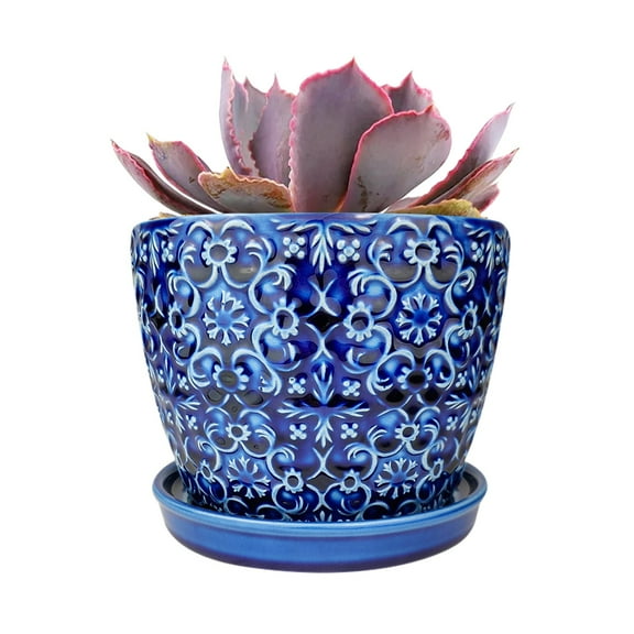 6 inch Blue Ceramic Mediterranean Bell Pot - Planter for Houseplants and Succulents - Medium Pots with Drainage Hole and Saucer