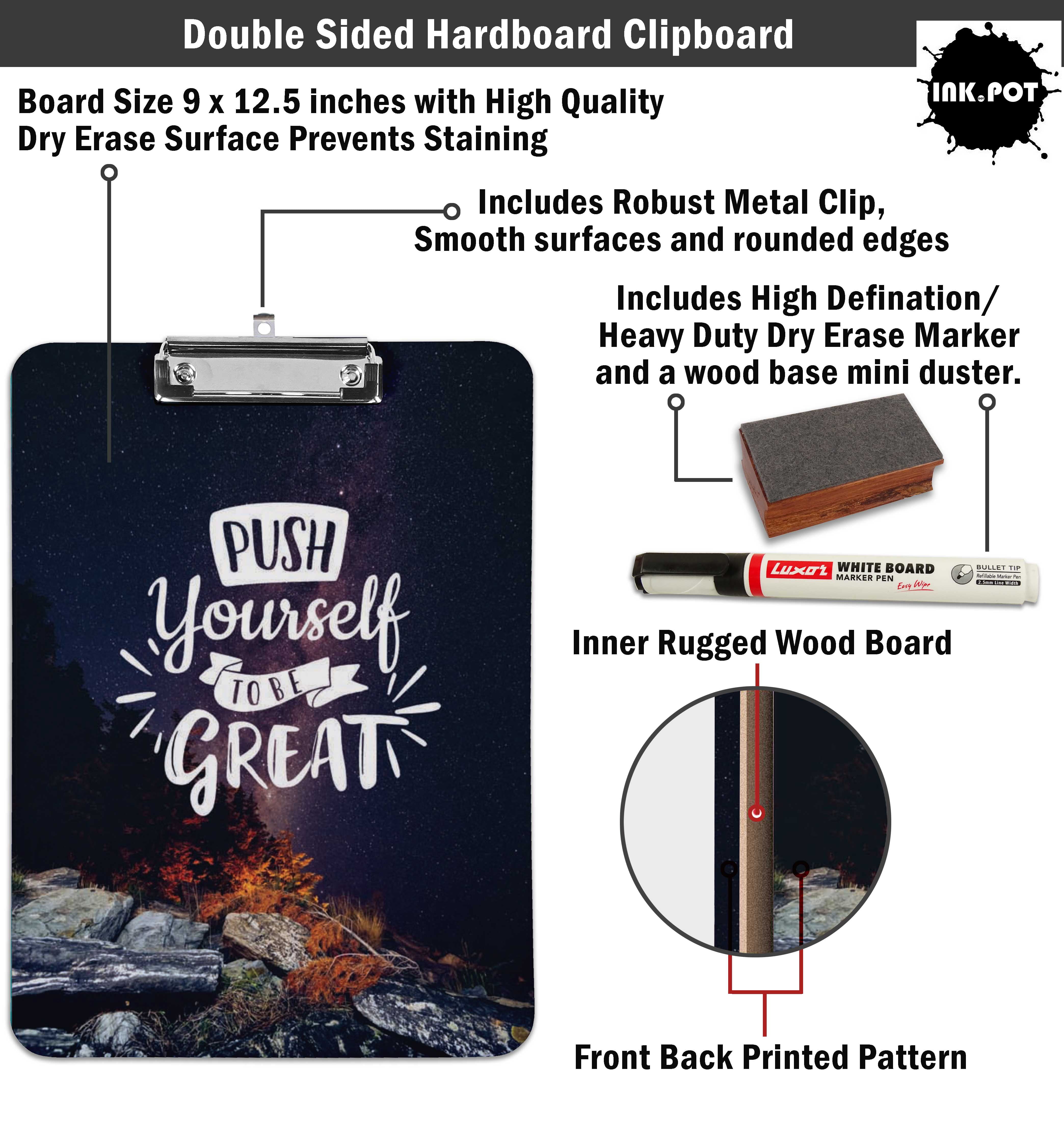 Inkdotpot Dry Erase Double Sided Dry Erase Double Sided Clipboard Letter Size Printed Paperboard Clipboard w/Low Profile Clip 9X15 With Free Marker & Duster
