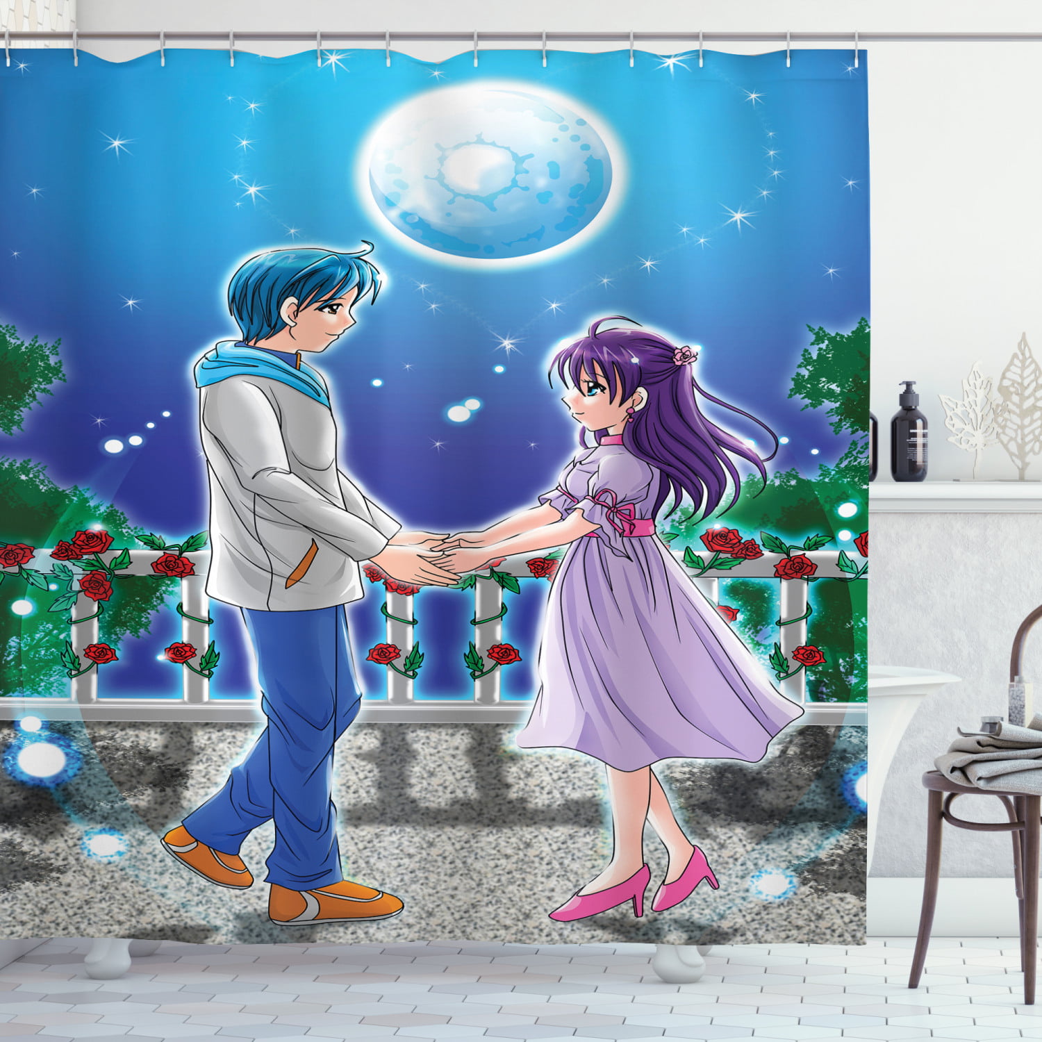 Anime Shower Curtain, Illustration of Romantic Couple Holding Hands under  Moonlight Love in Manga Themed Print, Fabric Bathroom Set with Hooks, 69W X  84L Inches Extra Long, Multi, by Ambesonne 