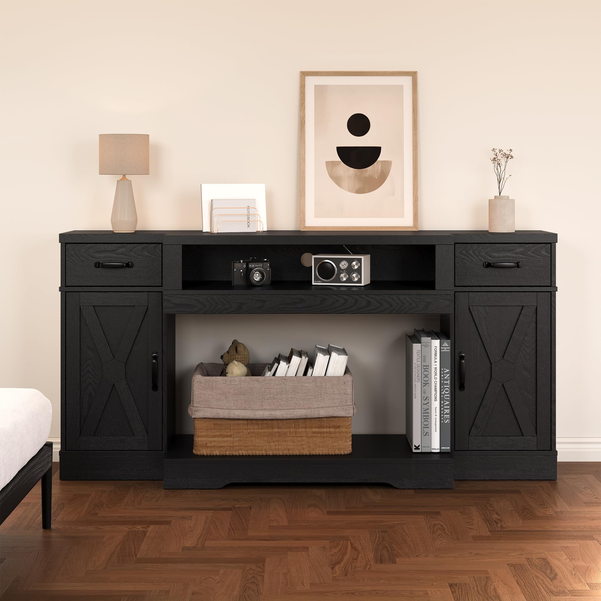 Heynemo Farmhouse TV Stand for TVs up to 75", Media Console Table with Adjustable Shelves, Double-Door Design, Black