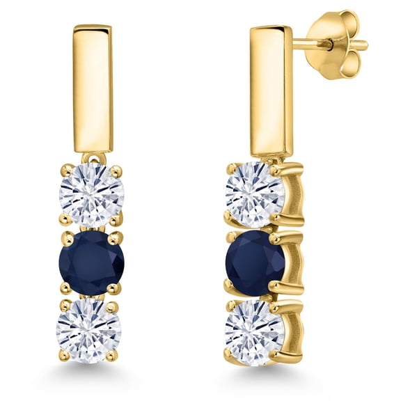 Gem Stone King 18K Yellow Gold Plated Silver White Moissanite and Blue Sapphire Drop Dangle Earrings for Women | 1.60 Cttw | Gemstone Birthstone | Round 5MM