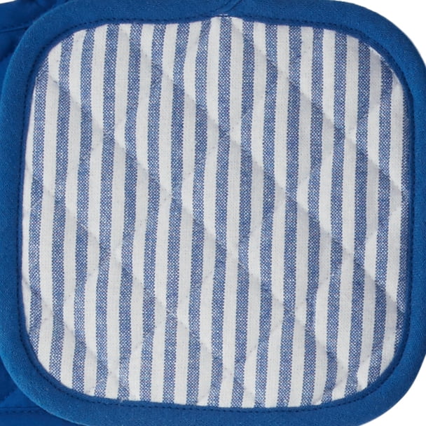 Hand Woven Hache Dish Towel with Dish Cloth | Blue Gray & White Stripes  with Border