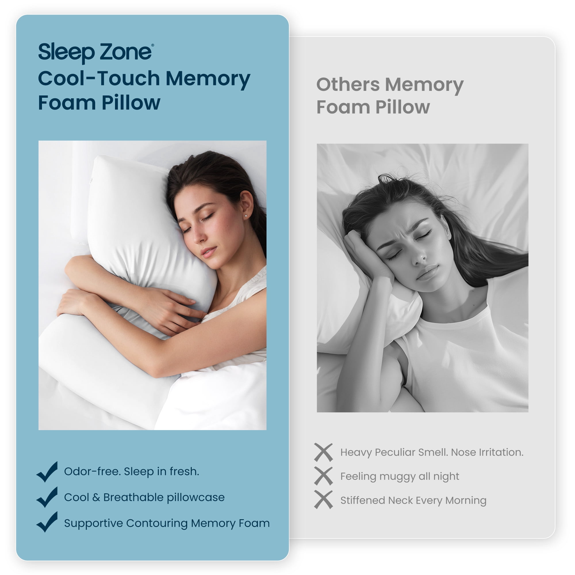 SLEEP ZONE Cooling Memory Foam Pillow Medium Firm Support for Back, Stomach and Side Sleepers (White, Queen, 1 Pack)