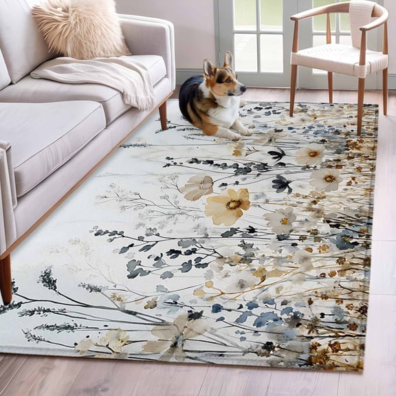 Vintage Floral Spring Area Rug 3x5 Washable Rug Non Slip Farmhouse Botanical Blooms Large Area Rug Indoor Floor Carpet for Entryway Bedroom Kitchen Living Room Home Office Dining Room Nursery