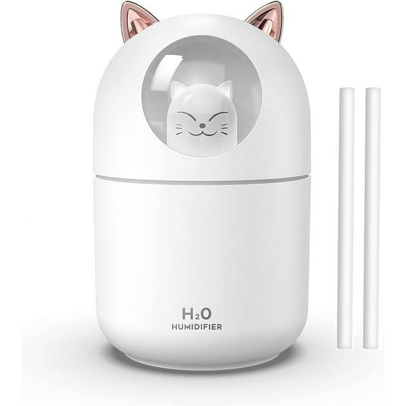 Cat Small Humidifier for Bedroom - 300ml Mini Cool Mist Humidifiers with Night Light, 2 Spray Modes, Ultra-Quiet, Portable Personal Air Humidifier for Women Kids Room Office Desk Car (White)