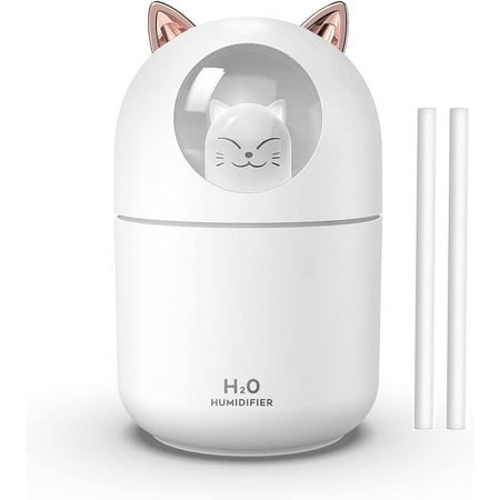 Cat Small Humidifier for Bedroom - 300ml Mini Cool Mist Humidifiers with Night Light, 2 Spray Modes, Ultra-Quiet, Portable Personal Air Humidifier for Women Kids Room Office Desk Car (White)