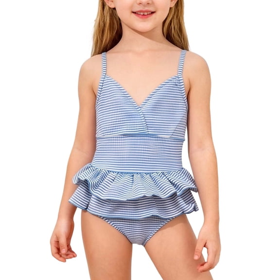 IFNWSV Girls Bathing Suit Conjoined Blue and White Striped Swimsuit with Skirt Light Blue 4 Years