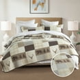 thumbnail image 3 of DDUOXIN Patchwork Plaid Queen Size Quilt - 100% Cotton Farmhouse Cream/Brown/Gray Cabin Queen Size Quilt Set, Bear & Deer Animal Tree Pattern, 3-Piece Full/Queen Quilted Bedspread with 2 Shams -98x90, 3 of 9