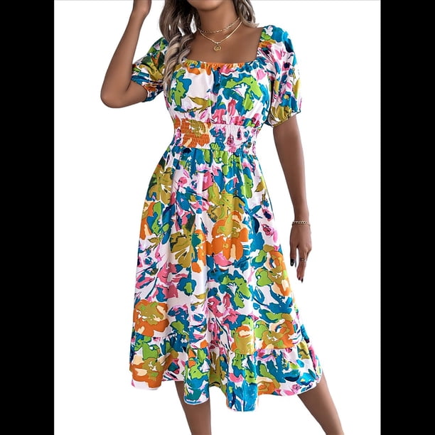 Vestidos Casuales de Verano para Mujer, 2025, con Mangas Abullonadas, Escote Cuadrado, Corte A, Holgados, Bohemios, Florales, Fruncidos, Midi Verde M