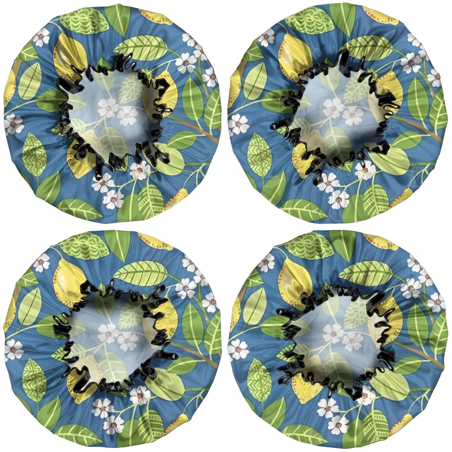 Shower Caps,Yellow Lemon Fruit Flowers Blue Pattern Waterproof Shower Cap for Women 4 Pieces,Double Reusable Hair Cover for Shower PEVA Elastic Stretch Hem