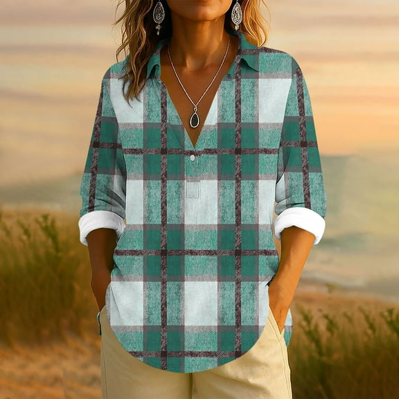 Women's Sweatshirts, Plaid Shirts Three Quarter V Neck Sleeve Tops Woman Oversized Tunic Shirts for Women for Leggings Long Sleeve