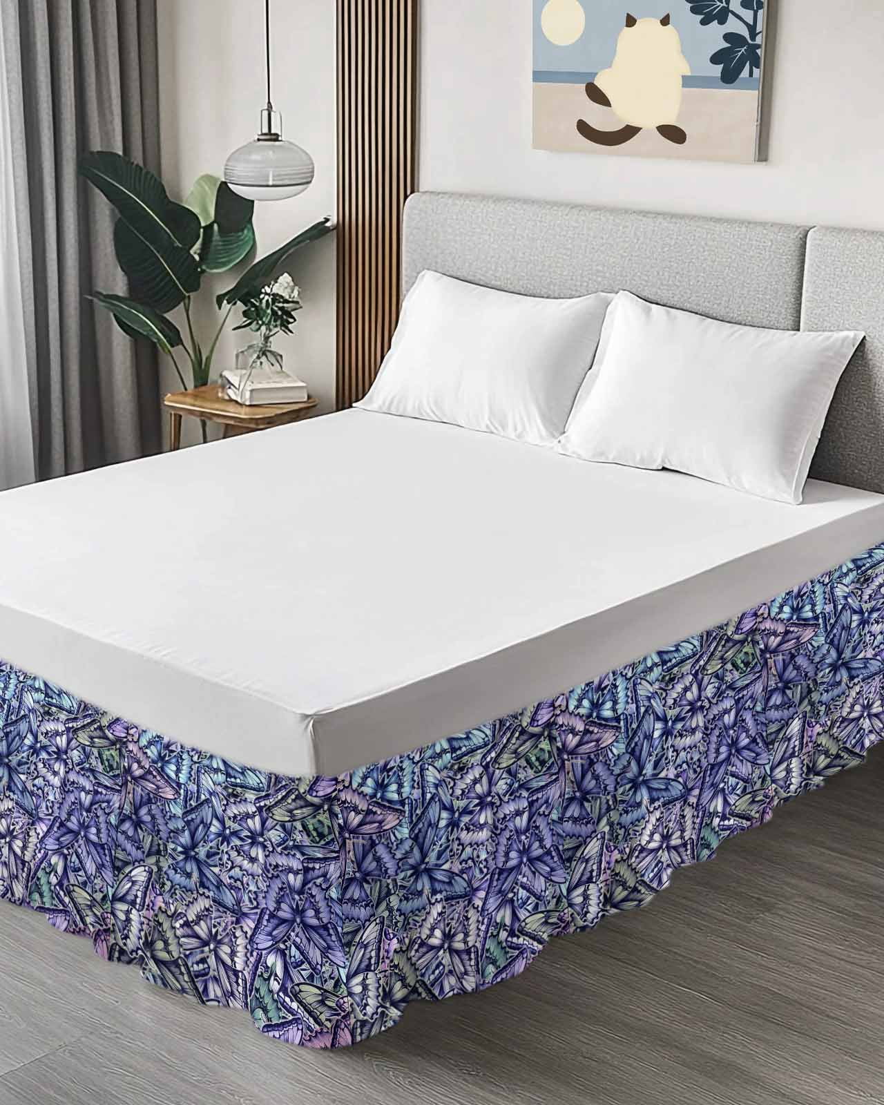 Purple Blue Teal Butterfly Wrap Around Bed Skirts for Queen Bed 16" Drop, Bed Skirt with Adjustable Elastic Belt Dust Ruffle Bed Valance for Bedroom Hotel Luxury Modern Abstract Art Bed Frame Cover