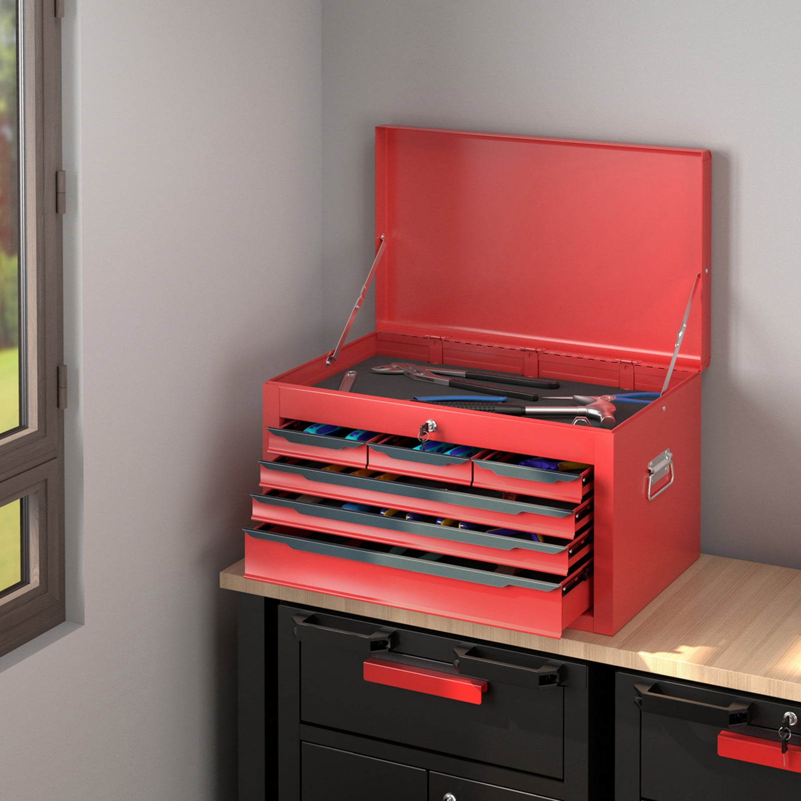 Gymax 24'' Tool Chest Case Steel Tool Box w/ 6 Drawers Top Storage Automatic Lock Red