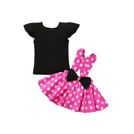 

IZhansean Summer Toddler Baby Girls Fly Sleeve Solid Color Round Collar Tops +A-line Polka Dot Suspender Skirt Outfits Rosy 18-24 Months