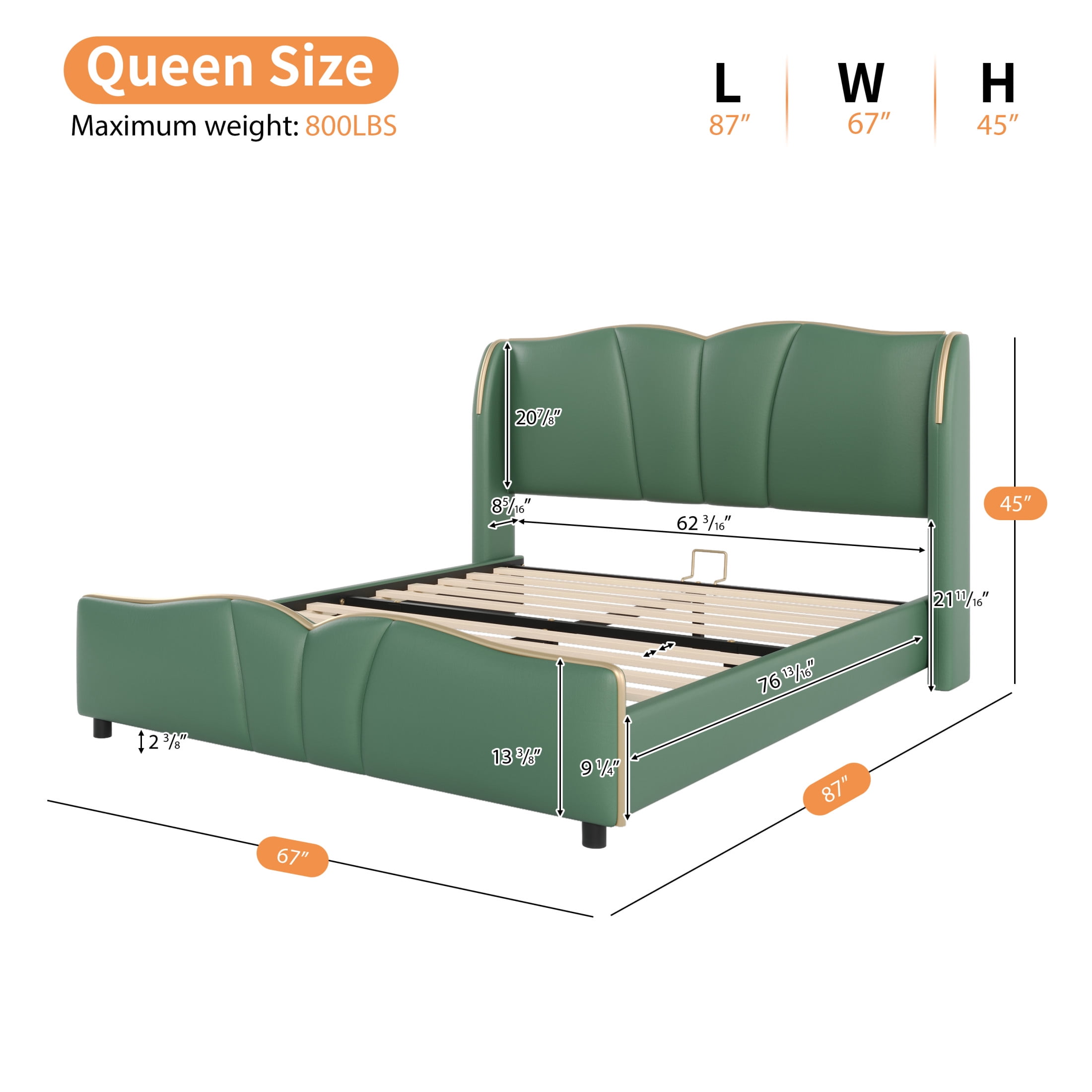 Christopher Knight Home Luxury PU Upholstered Queen Bed Frame with Wingback Headboard, Dark Green