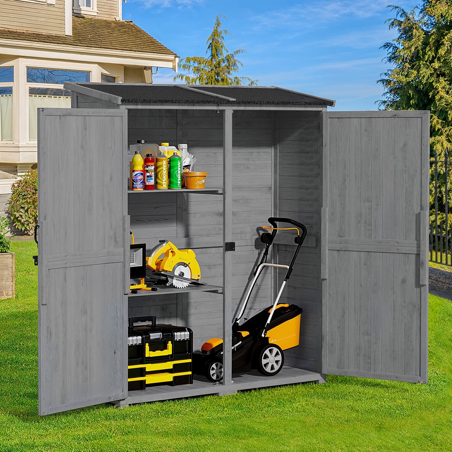 Asofer Outdoor Storage Cabinet with Floor, Waterproof Roof, Double Lockable Doors Garden Shed with 2 Removable Shelves, Gray