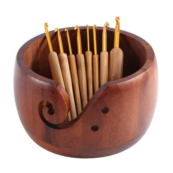 Wooden Yarn Bowl Holder, Craft Knitting Bowl with 8Pcs Crochet Hooks