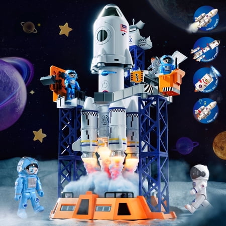 Freecat Space Toys Rocket Ship and Rocket Launcher Space Toys for Boy Kids 3 4 5 6 7 8 Years STEM Building Spaceship Kit Toys Educational Birthday Gift for Kids Age 3+