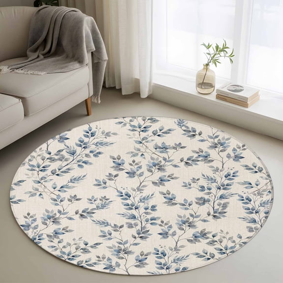 Round Area Rugs Collection 4 Ft, Navy Blue Leaves Non-Slip Residential Carpet, Vintage Summer Botanical Farmhouse Rustic Indoor Crawling Mats Runner Rugs for Living Room/Dining Room/Bedroom