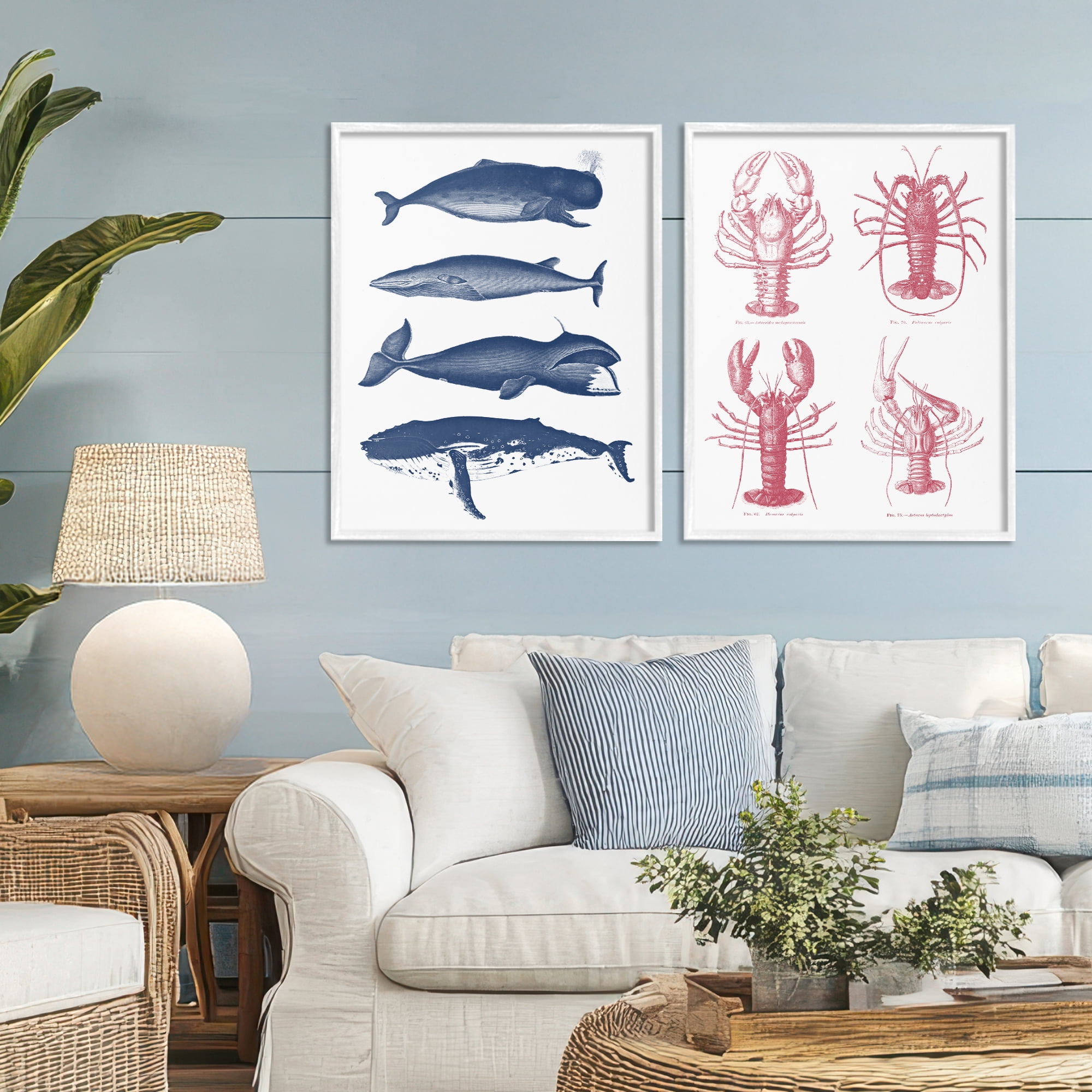 Marine Whales & Lobsters 2 Piece White Framed Giclee Art Set, design by Lettered and Lined