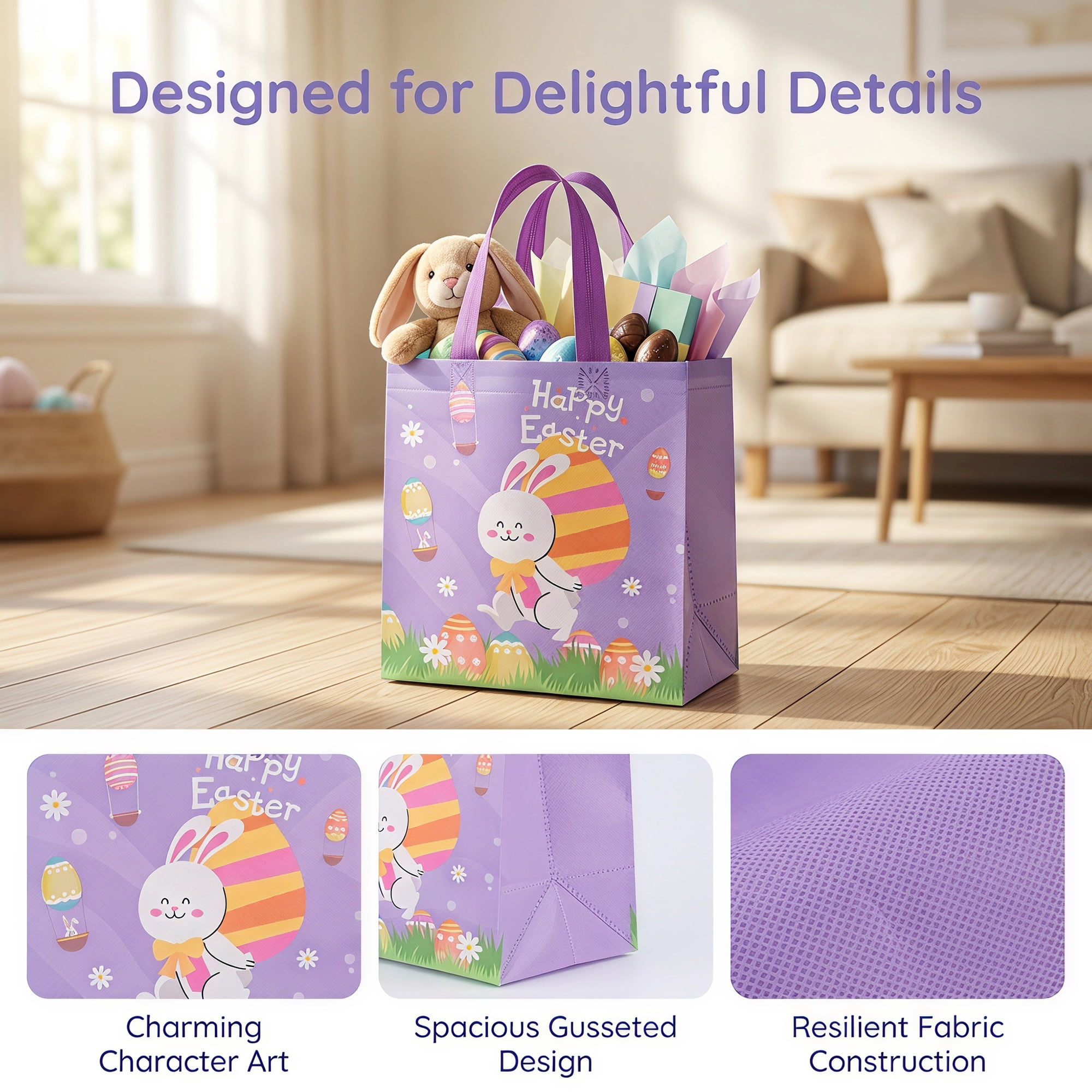 Unique Bargains 10Pcs Easter Themed Gift Bags with Handles Purple 8.7" x 4.3" x 9.1"