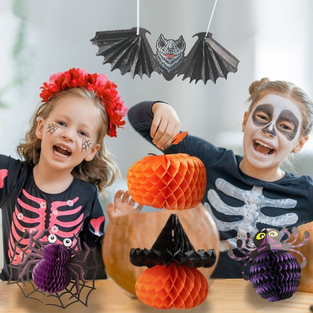 Adornos de Halloween para películas de terror - Pack de 5 decoraciones colgantes de papel 3D para árbol • Decoración de murciélagos, arañas y calabazas