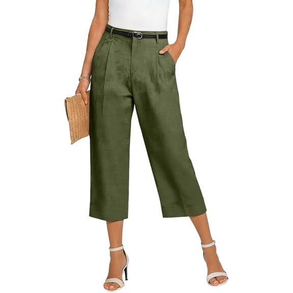 Wutalume Women's Solid Color Casual Fashion Breathable Loose Cotton Linen Capri Pants Summer Beach Vacation Trousers,Army Green L