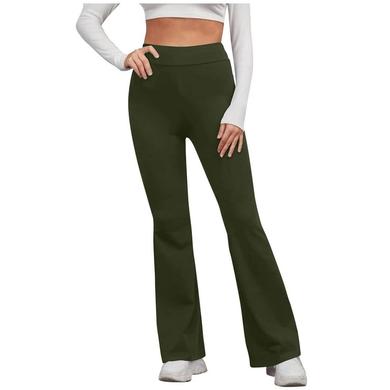 Rewenti Women's Casual Slim High Elastic Waist Solid Color Sports Yoga Flare  Pants Army Green 4(S) 