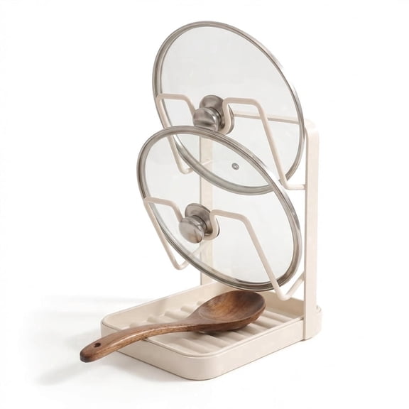 Pot Lid Holder Rack – White, Vertical Organizer with Removable Drip Tray, Holds Lids & Utensils, No Assembly