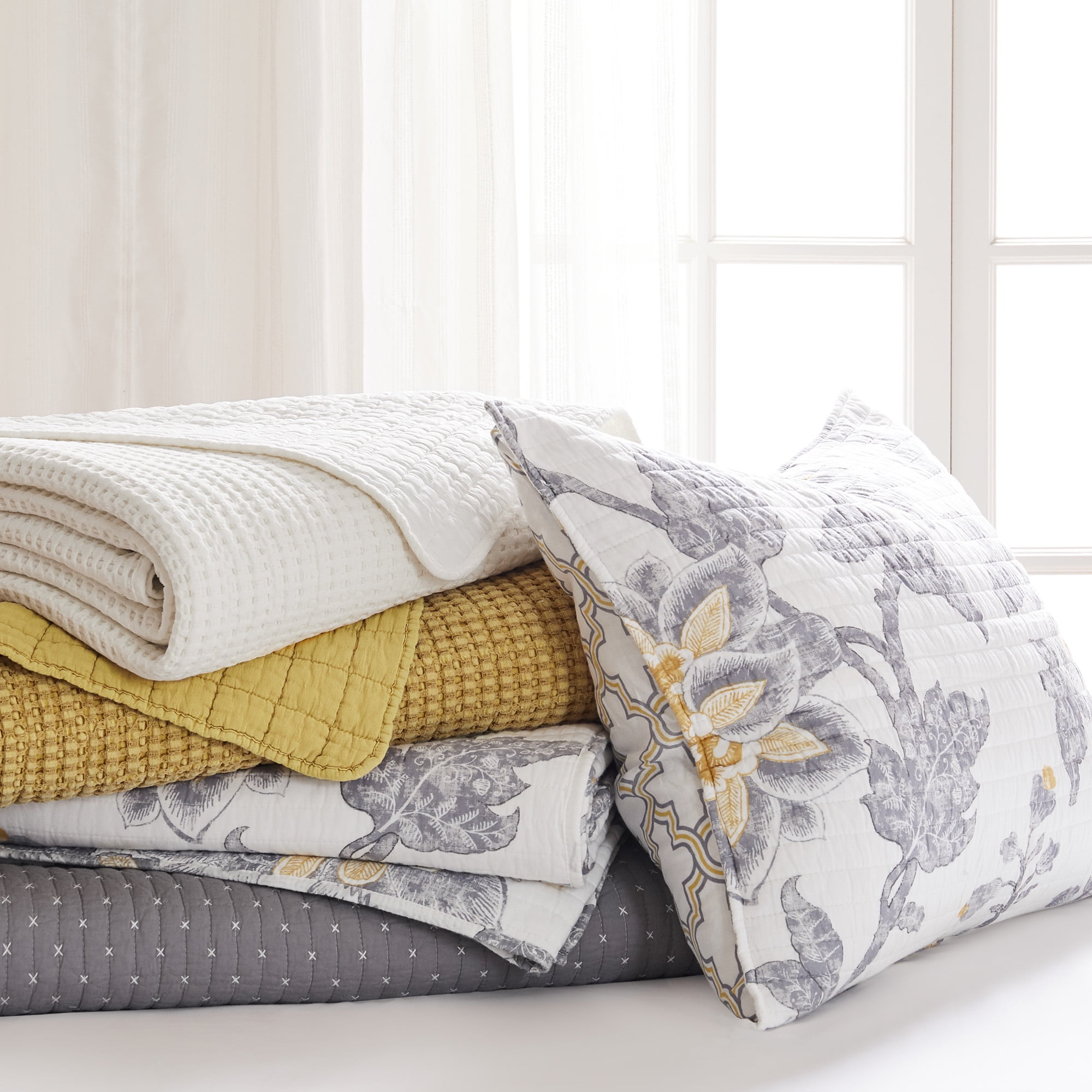 Levtex Home - Reverie Quilt Set - Full/Queen Quilt + Two Standard Pillow Shams - Floral - Yellow, Grey, and White - Quilt Size (88x92in.) and Pillow Sham Size (26x20in.) - Reversible - Cotton Fabric