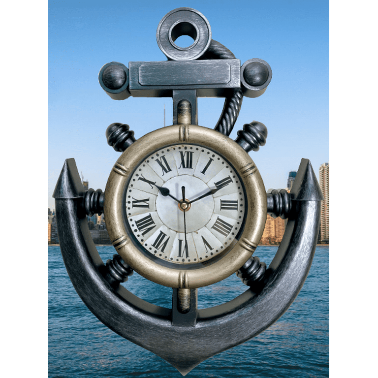 Anchor and Ships Wheel Large Nautical Themed Wall Clock, Weathered Iron  Color With an Analog Quartz Non Ticking Sweep Movement