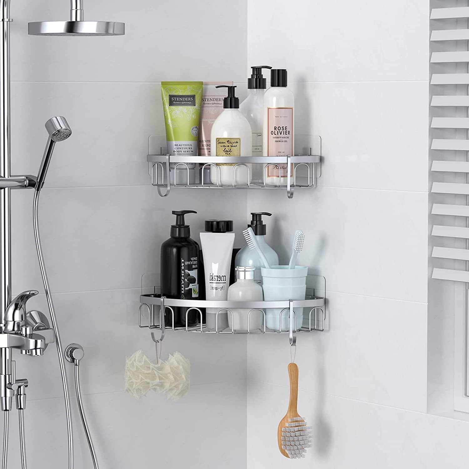 Butory Shower Organizer Storage,Bathroom Corner Shelves,Shower Caddy with Rustproof Stainless Steel Adhesive Sticker for Bathroom Accessories, Size