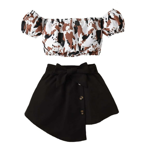 Kucnuzki Infant Baby Girl Clothes 12 Months Summer Skirt Sets 18 Months Short Bubble Sleeve Camouflages Prints One-Shoulder Crops Top Elastic Irregular Skirt 2PC Sets Black