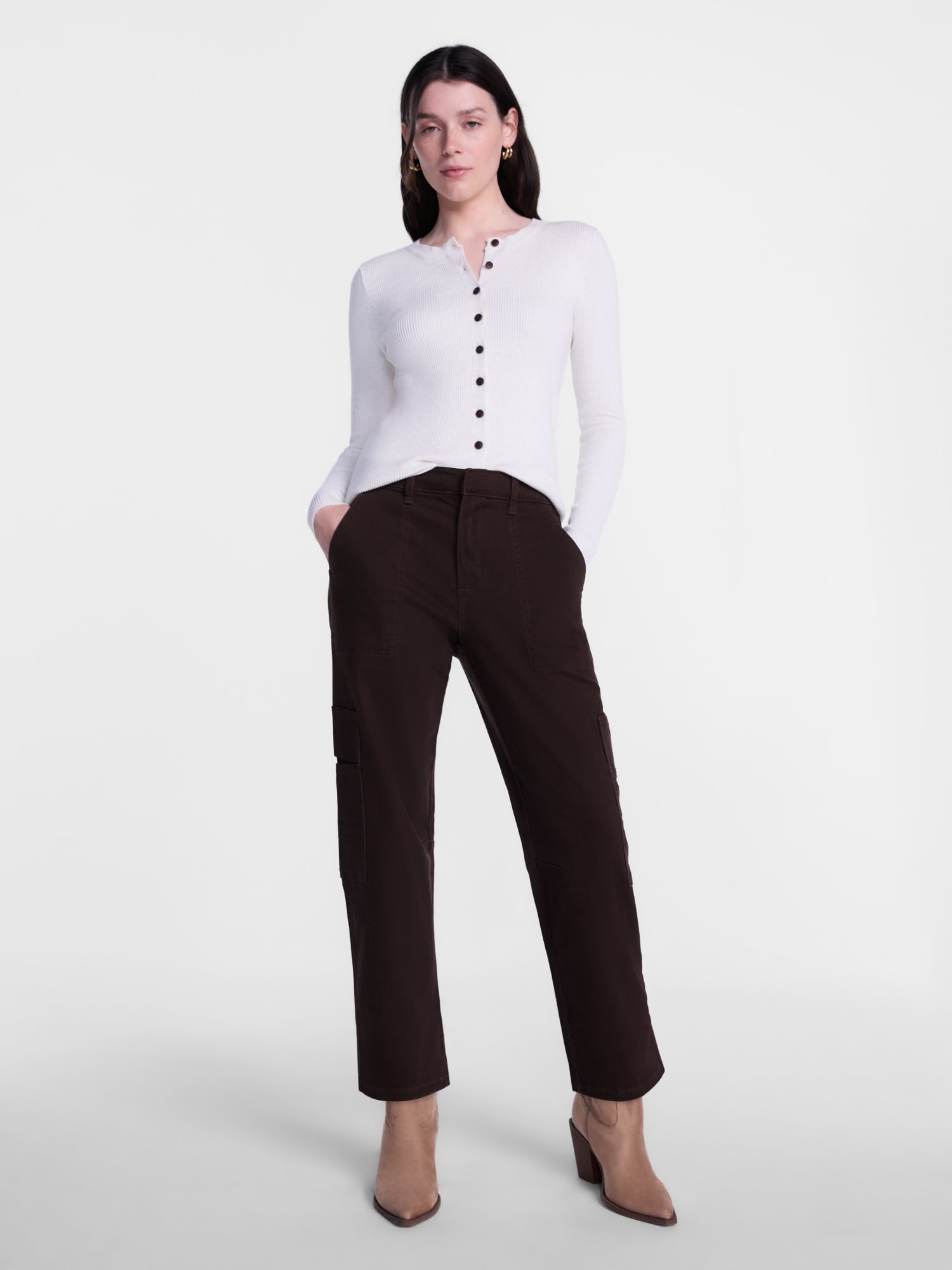 Scenario Women's and Women's Plus Ribbed Crewneck Cardigan Sweater, Lightweight, Sizes XS-4X