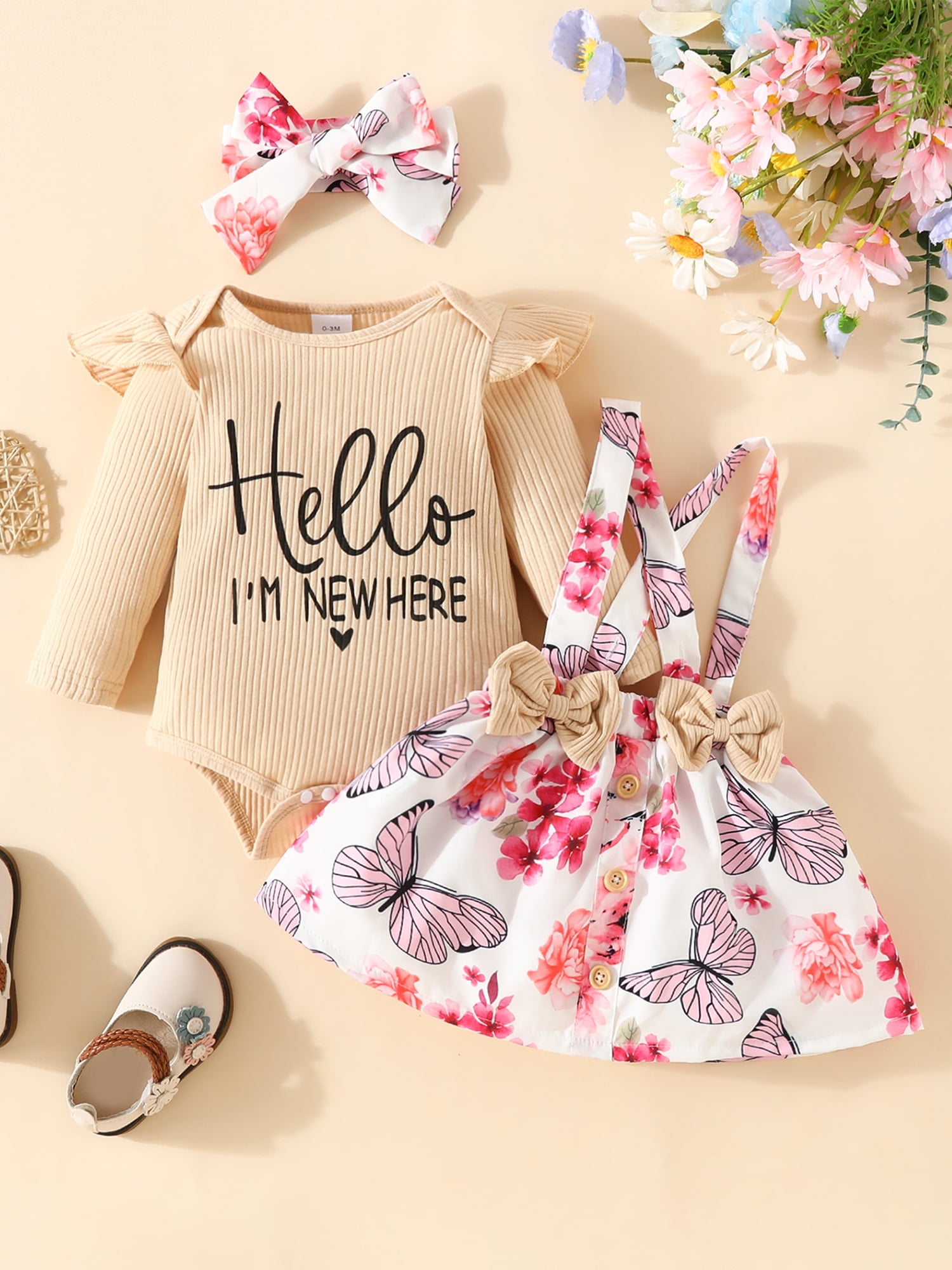 2pcs Baby Girl Solid Waffle Long-sleeve Romper and Floral Print Suspender Skirt Set