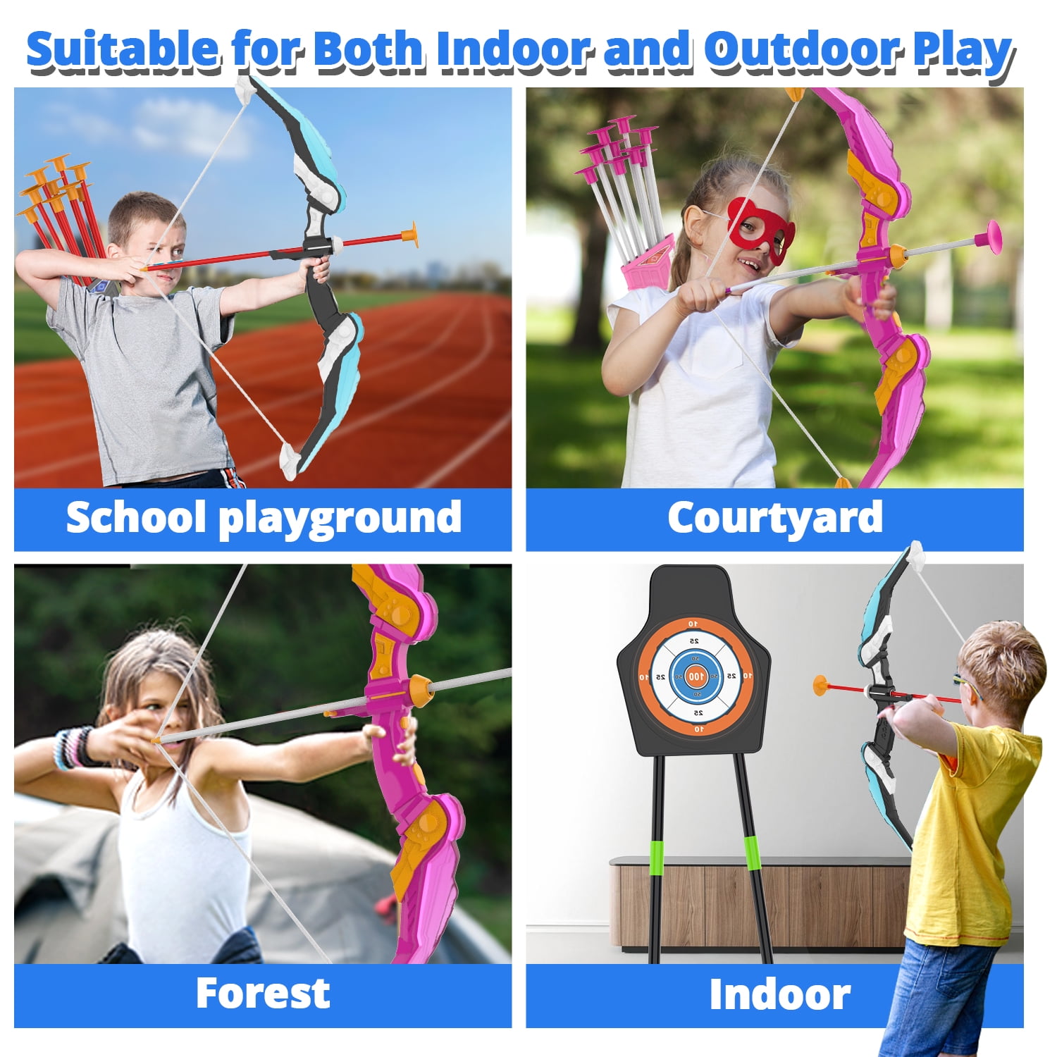 WonderStone 2-Pack Bow and Arrow for Kids, LED Light-Up Archery Set with 20 Suction Cup Arrows, Standing Target & Quiver, Outdoor Yard Games Toys for Ages 4-13