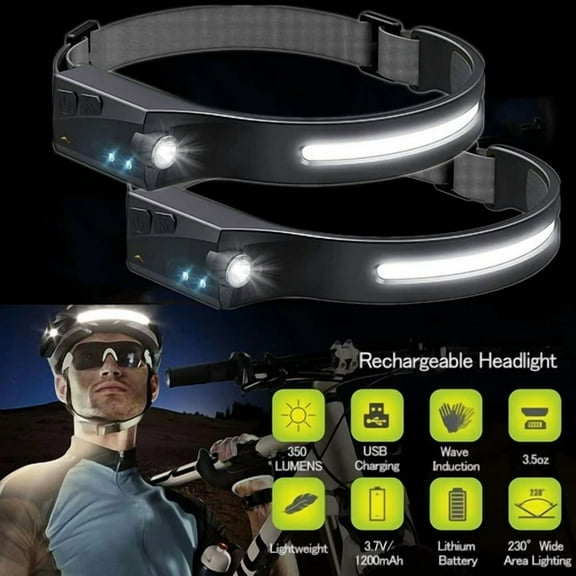 2 Pack Cob Led Headlamp Headlight Torch Flashlight Work Light Bar Head Band Lamp