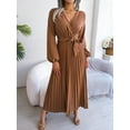 thumbnail image 4 of Women's Long Sleeve V-Neck Elegant Dresses for Women Robe with Belt Solid Crisscross Pleated Long Max Dress Mature, 4 of 7