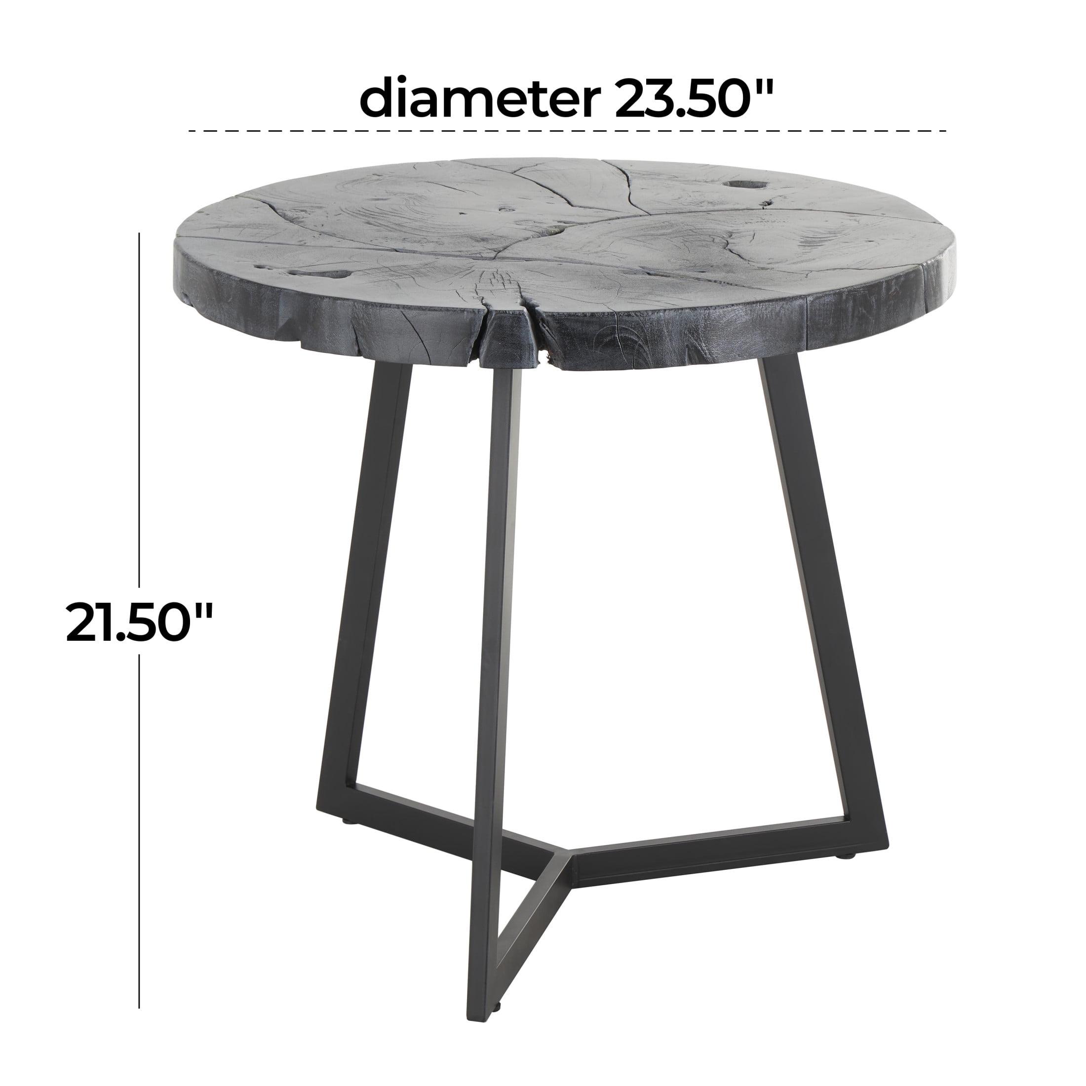 DecMode 24" x 22" Black Teak Wood Handmade Live Edge Geometric Accent Table with Black Metal Base, 1-Piece