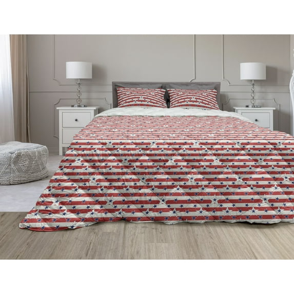 4th of July Comforter & Sham Bedding Set, Stripes with Stars Freedom and Liberty of the USA National Holiday, 3 pcs Duvet Set Microfiber Filling Quilt, 5 Sizes, Royal Blue Beige Red, by Ambesonne