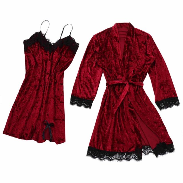 Pijama sexy de tres piezas para mujer, pijama de tres piezas de encaje de terciopelo de encaje de color sólido, camisón, ropa de dormir Fridja nalpqowj48954